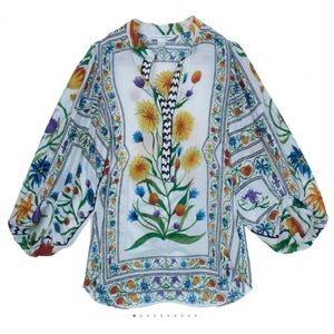 Diane Von Furstenberg Syrah Floral Cotton Top long puff sleeve loose 2 b…